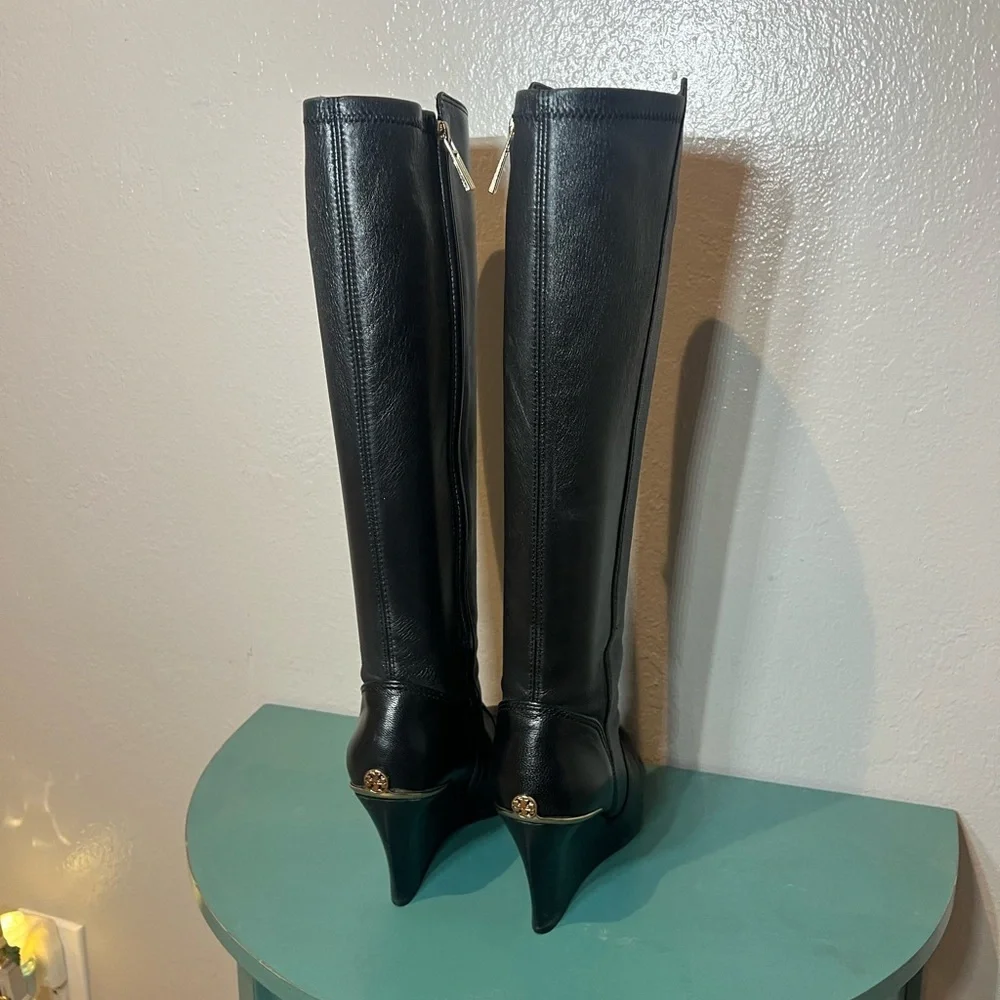 Tory Burch Black Over the Knee Boots with Gold Detail